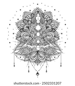 Tribal Goddess. Girl over black and white ornate mandala. Vector ornate decorative illustration isolated on white. Buddhism esoteric art. Tattoo, spiritual yoga. Coloring book.