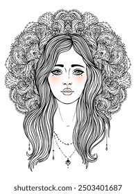 Tribal Goddess. Girl over black and white ornate mandala. Vector ornate decorative illustration isolated on white. Buddhism esoteric art. Tattoo, spiritual yoga. Coloring book.