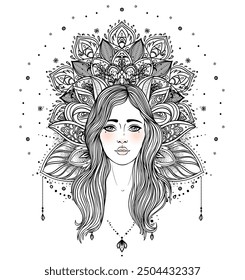 Tribal Goddess. Girl over black and white ornate mandala. Vector ornate decorative illustration isolated on white. Buddhism esoteric art. Tattoo, spiritual yoga. Coloring book.