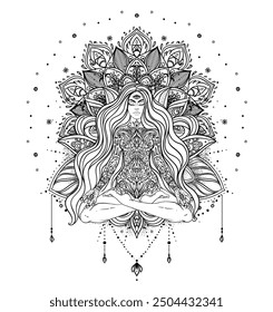 Tribal Goddess. Girl over black and white ornate mandala. Vector ornate decorative illustration isolated on white. Buddhism esoteric art. Tattoo, spiritual yoga. Coloring book.