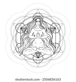Tribal Goddess. Girl over black and white ornate mandala. Vector ornate decorative illustration isolated on white. Buddhism esoteric art. Tattoo, spiritual yoga. Coloring book.
