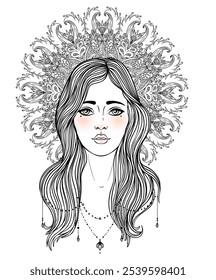 Tribal Goddess. Girl over black and white ornate mandala. Vector ornate decorative illustration isolated on white. Buddhism esoteric art. Tattoo, spiritual yoga. Coloring book.