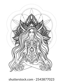 Diosa tribal. Chica sobre mandala adornado blanco y negro. Vector ornamentado ilustración decorativa aislada en blanco. Arte esotérico budista. Tatuaje, yoga espiritual. Libro para colorear.