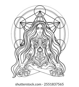 Diosa tribal. Chica sobre mandala adornado blanco y negro. Vector ornamentado ilustración decorativa aislada en blanco. Arte esotérico budista. Tatuaje, yoga espiritual. Libro para colorear.