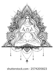 Tribal Goddess. Girl over black and white ornate mandala. Vector ornate decorative illustration isolated on white. Buddhism esoteric art. Tattoo, spiritual yoga. Coloring book.