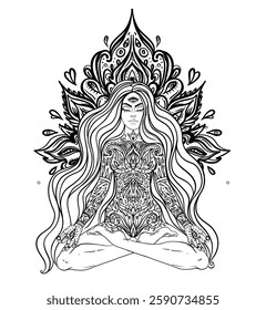 Tribal Goddess. Girl over black and white ornate mandala. Vector ornate decorative illustration isolated on white. Buddhism esoteric art. Tattoo, spiritual yoga. Coloring book.