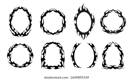 Tribal gothic frames with vector borders of fantasy y2k ornaments. Neo gothic black frames for tattoo or horror Halloween decoration. Abstract tribal fire flames and sharp spike branches border lines