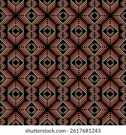 Tribal graphic pattern. Ethnic geometric shapes repeating continuously. Hand drawn. Vector with orange, white, yellow colors on a black background.