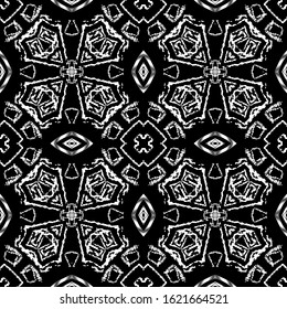 Tribal grunge geometric seamless pattern. Vector abstract dirty background. Textured doodle geometrical ornament with rough chalk lines, ethnic style geometry shapes. Repeat symmetrical modern design.