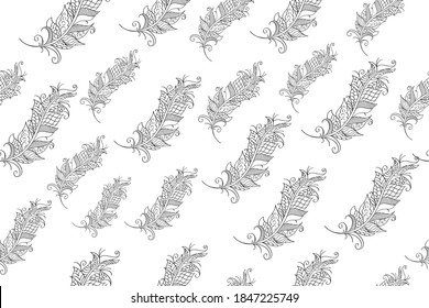 Tribal hand drawn background, ethic, doodle, feathers pattern, ink illustration. There is a swatch in the panel. Elements are under mask, not cropped