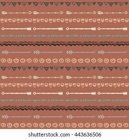 Tribal hand drawn background, ethic doodle pattern. Geometric borders. 