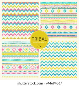 Mão tribal desenhada fundo, padrão étnico definido. Boho textura sem costura. Plano de fundo étnico com elementos de forma. Papel de parede para preenchimentos de padrão, página da Web