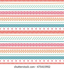 Tribal Hand Drawn Line Geometric Mexican Ethnic Seamless Pattern. Border. Wrapping Paper. Doodles. Vintage Tiling. Handmade Native Vector Illustration. Aztec Background. Ink Graphic Texture