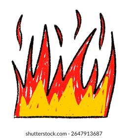 Tribal hand flame with red rock silhouette. Handdrawn fire sketch in retro devil style. Flat vector illustration isolated on white background.