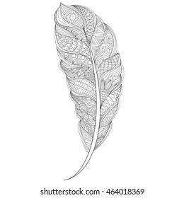 Tribal, hand-drawn, ethnic vector bird feather for adult coloring book or coloring page, logo, design, card, tattoo, t-shirt. Isolated on a white background.