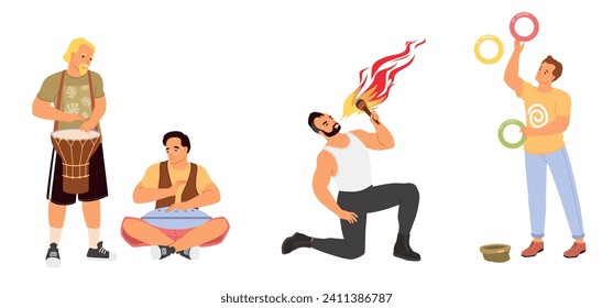 Tribal and hang drum player music band, fire show artist, juggler entertaining with rings vector illustration. Street performers, funfair artists, circus animator isolated set on white background