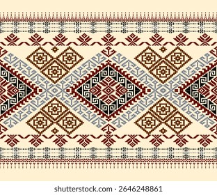Padrão de harmonia tribal. Um tradicional design têxtil tribal com diamante geométrico e motivos espirais em tons de terra. Inspirado pela tribo montanhosa do Sudeste Asiático que tece tradições.