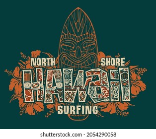 Tribal Hawaii with hibiscus flowers and tiki surfboard vector print for t shirt