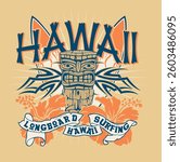 Tribal Hawaii longboard surfing company vector print for t shirt with hibiscus flowers tiki totem and surfboards