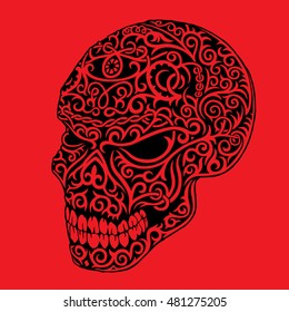 tribal head skull hand draw isolated red background