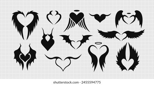 Tribal hears set. Vector illustration. Y2k design. Angel and demon.