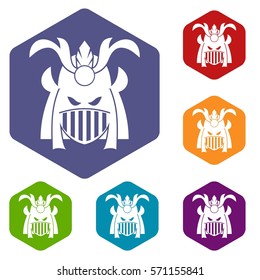 Tribal helmet icons set rhombus in different colors isolated on white background