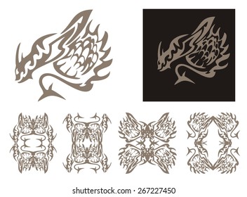Tribal horned dragon and dragons frames. Tribal stylized dragon with a tail in the form of an arrow and dragon frames isolated on a white background