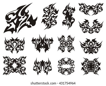 Tribal horned peaked dragon symbols. Dangerous dragon head tattoo, frames and other ornate symbols from him