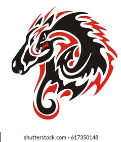 Tribal horse head with a dragon inside. Flaming mustang in red-black tones with the twirled young dragon inside ready for t-shirt design, tattoos and other