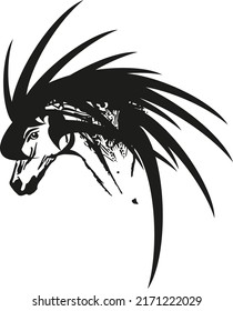 Tribal horse head symbol in black-white tones for your design. , holidays and events, prints on T-shirts, fabrics, fashion trends, covers, wallpaper, cards, web icons, embroidery, engraving, etc.