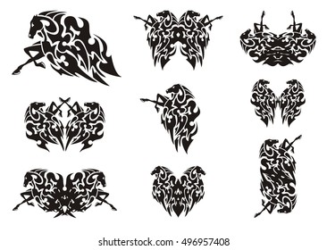 Tribal horse symbols. Stylization of a horse - the running horse with tongues of flame and the double symbols of a horse formed from her