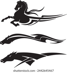 Tribal horse vehicle graphics vector set, ready for vinyl cutting. Great for car, motor and truck decals, stickers and T-shirt designs. Freedom and speed concept.