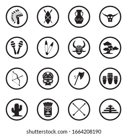 Tribal Icons. Black Flat Design In Circle. Vector Illustration.