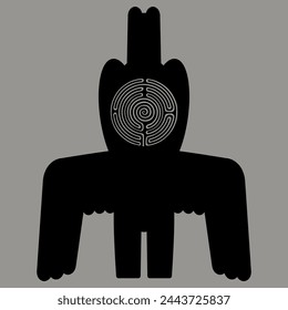 Tribal idol or owl man with a round spiral maze or labyrinth symbol as his face. Shamanistic symbol. Ancient Siberian Permian animal style. Monochrome silhouette. Creative concept.