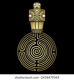 Tribal idol standing on a round spiral maze or labyrinth symbol. Native American pre Columbian art from Costa Rica. El Dorado symbol. Black and gold silhouette.