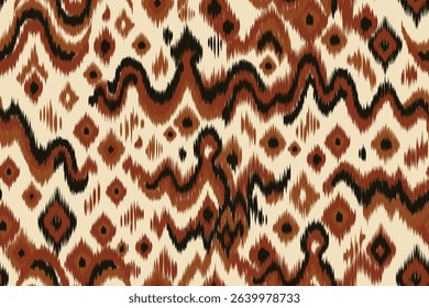 Tribal ikat pattern with abstract ethnic motifs and bold zigzag shapes in earthy rust, black and beige tones, seamless textile design for fabric, wallpaper, backgrounds, and home decor.