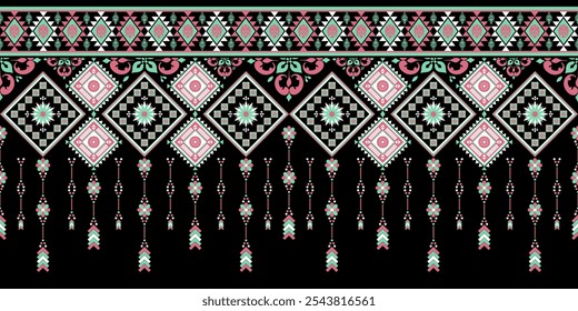 Padrão sem emenda vetor ikat tribal. Cor preta. Ornamento nativo americano. Estilo de decoração étnica do sudoeste. Padrão de malha . Padrão sem emenda do vetor. Cobertor mexicano, tapete. Ilustração de tapete tecido.