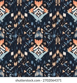 Patrón de Vector inspirado en ikat tribal con tonos melocotón y azul marino