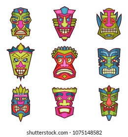 Tribal Indian or African masks set, colorful cut wooden guise vector Illustration on a white background