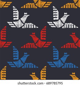 Tribal indian american seamless pattern. Vector hand drawn native geometrical ornament with birds. Ethnic texture with mexican motifs.