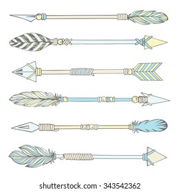 Tribal Indian arrow set. Colorful ethnic hand drawn vector illustration.