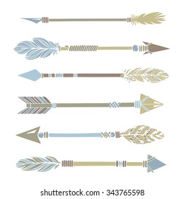 Tribal Indian Arrow Set. Colorful Ethnic Hand Drawn Vector Illustration.