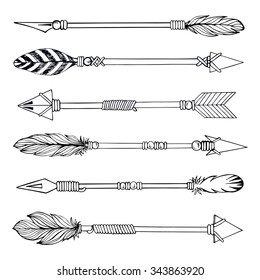 Tribal Indian Arrow Set. Ethnic Hand Drawn Vector Illustration.