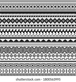 Tribal indian borders. Black white geometric pattern, seamless ethnic print for textile or tattoo, mexican and aztec vector ornament. Decoration traditional line elements, culture illustration