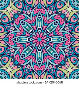 Tribal indian ethnic vector flower seamless design. Festive colorful mandala pattern. Geometric mandala frame border