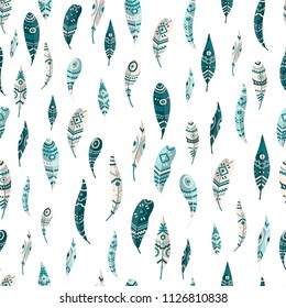 Tribal Indian feathers. Hand painted. 
Flat Vector Seamless Pattern . Blue.