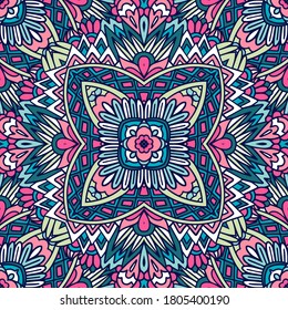 Tribal indian festival bright colorful mandala flower art. Abstract geometric vector tiled boho ethnic seamless pattern ornamental.
