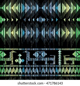 Tribal Indian Geometric and Animal Pattern. Vector Illustration. Seamless texture. Ethnic kilim ornamental style. Native american  border ornament. Background for fashion textile and paper design