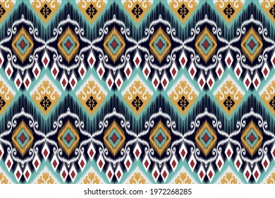 Tribal Indian ikat seamless pattern design. Aztec fabric carpet mandala ornament native boho chevron textile decoration. Geometric African American vector illustrations background.