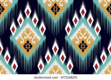 Tribal Indian ikat seamless pattern design. Aztec fabric carpet mandala ornament native boho chevron textile decoration. Geometric African American vector illustrations background.